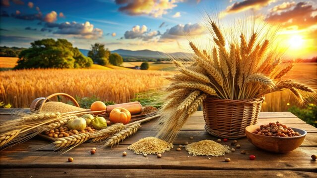 Rustic wooden table scattered with wheat ears, grains, and stalks, surrounded by rural landscape elements, conveying a sense of harvest and abundance.