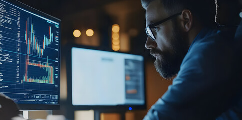 Trader man in suit analyzes data on his computer screen. Trader using his laptop