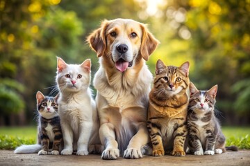 Fototapeta premium Cat and Dog Family: Dogs and cats as a loving family, natural colors, heartwarming