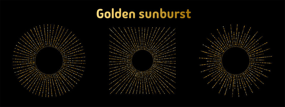 Golden gold sunburst shapes set, collection. Radial rays, sun crowns made of tiny uneven hand drawn dots, glittering beads, yellow spangles, blobs, lights, sparks. Round, ring, square dotted frames