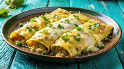 Savory green chile enchiladas overflowing with melted cheese, tender chicken, and fresh cilantro, served steaming hot on a vibrant turquoise ceramic plate.