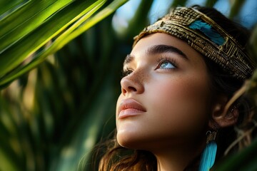 A woman with freckles and a traditional headpiece looks up thoughtfully among lush greenery, embodying a connection to nature, cultural heritage, and inner reflection.