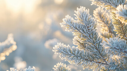 Frosty Pine Branches Glowing in Golden Sunrise Light