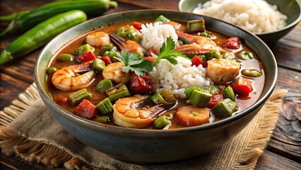 Savory southern comfort food, rich brown gumbo filled with tender shrimp, okra, and spices, served over steaming hot white rice in a ceramic bowl.