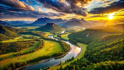 Scenic aerial view of majestic mountain ranges, lush green valleys, and meandering rivers dissolving into the horizon under a warm, serene sunset sky.