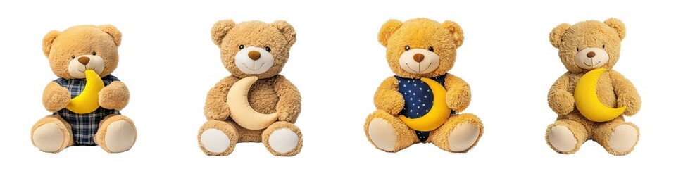 Obraz premium Four charming teddy bears in playful poses, each with a unique outfit and a moon-shaped accessory, perfect for children's decor.
