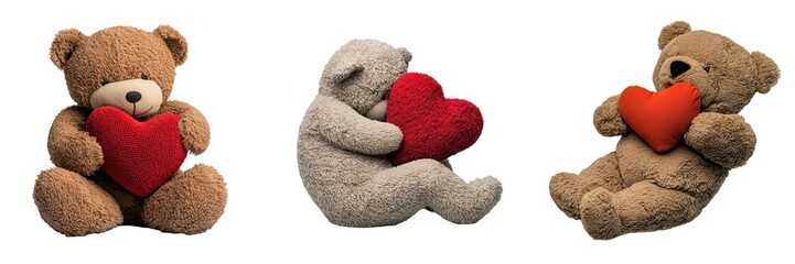 Three adorable teddy bears holding red hearts, perfect for expressing love and affection in any romantic setting.