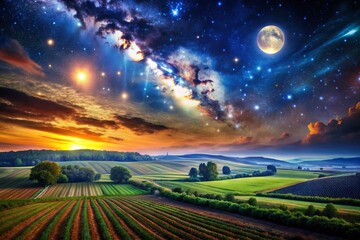 Celestial Farmland Canvas: Night sky perspective, stars and moon above farmland, aerial view, cosmic ambiance, ethereal mood.