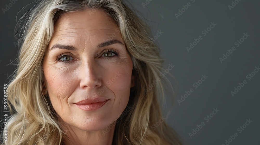 Poster a woman with blonde hair and a smile on her face