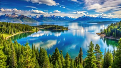 Fototapeta premium Scenic vista of Flathead Lake surrounded by majestic mountains and lush green forests in Montana, reflecting serene ambiance under a clear blue sky.
