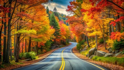 Obraz premium Scenic winding road surrounded by vibrant fall foliage and rustic woodlands in Acadia National Park, Maine, during autumn season.