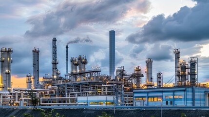 Obraz premium An industrial complex with tall chimneys and a large building under a cloudy sky at dusk.