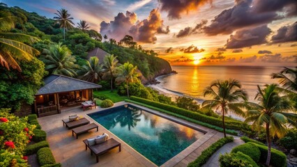 Fototapeta premium Secluded beachside villa with lush greenery, private pool, and breathtaking sunset view, perfect for a tranquil and intimate tropical escape.
