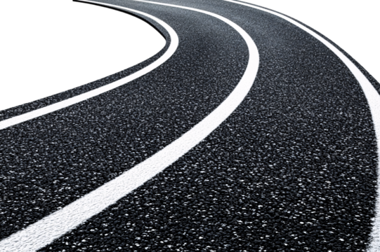 carpet road with white lines isolated on a transparent background, asphalt bend road