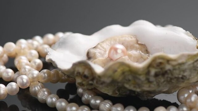 Pearls, Natural pearl inside the oyster shell, close up, necklace rotating over black background. Nacre. Mother-of-pearl. Slow motion. 