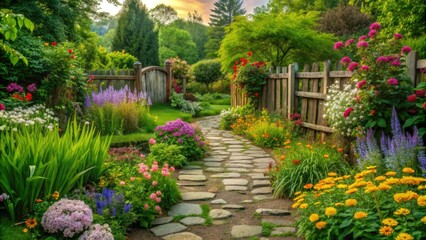 Serene and intimate garden scene featuring lush greenery, blooming wildflowers, and a meandering stone path surrounded by rustic wooden fencing and vintage garden decorations.