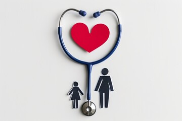 A stethoscope forms a heart with vibrant red color. Gender symbols represent care and connection in healthcare. Simple yet meaningful design for health-related themes. Generative AI