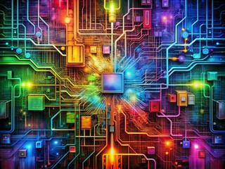 Obraz premium Chromatic Circuitry: Abstract artwork with vibrant hues representing the interconnectedness and flow of information.