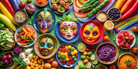 Chromatic Cuisine: Rainbow-colored masks, food in various colors, bold patterns, bright colors, playful
