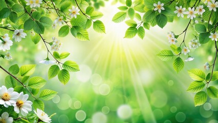 Obraz premium Serene Background With Fresh Green Leaves And Flowers, Perfect For Springtime Themes, Invitations, And Nature-Inspired Designs.