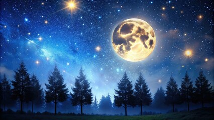 Naklejka premium Serene celestial night scene with a bright full moon and twinkling stars scattered across the dark blue sky, above a silhouette of trees.
