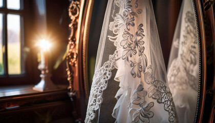 Close-up of a wedding veil delicately draped over a vintage mirror, with intricate lace details and soft lighting.