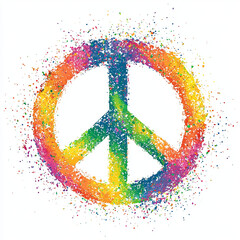 Circular rainbow peace symbol illustration with splatter drops