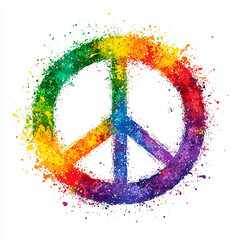 Circular rainbow peace symbol illustration with splatter drops