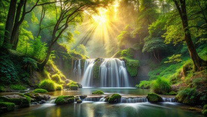 Fototapeta premium Serene forest landscape with misty waterfall, lush greenery, and warm sunlight, evoking feelings of tranquility, renewal, and harmony with the natural world.