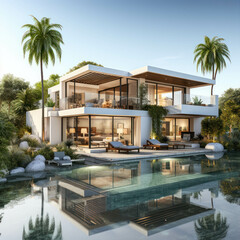 Fototapeta premium Modern luxury cottage. Minimalistic architecture private villa with pool