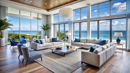 Coastal Contemporary Oasis: Ocean views, floor-to-ceiling windows, flowing layout, white walls, blue accents.