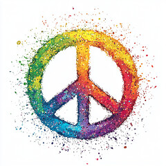Circular rainbow peace symbol illustration with splatter drops