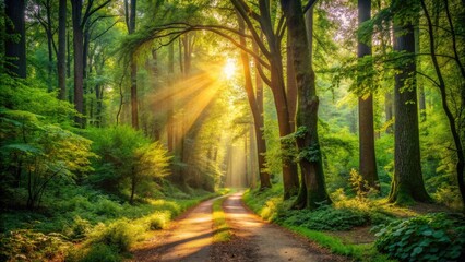 Serene forest scenery featuring a winding dirt path surrounded by dense foliage, towering trees, and vibrant greenery, with warm sunlight filtering through the canopy.