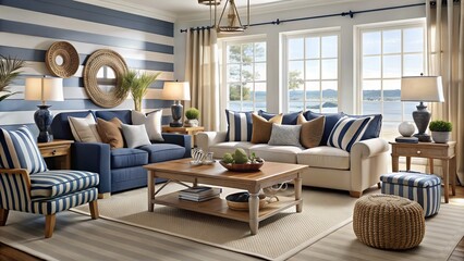 Coastal Elegance: Navy blue, white, beige, nautical stripes, coastal decor