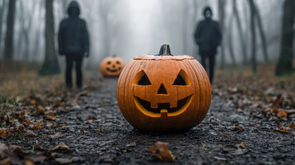 Haunting Halloween Night A Glowing Jack-O'-Lantern Stands Guard Before a Spooky Fog-Enveloped Haunted House Under the Full Moon, Creating the Perfect Eerie Atmosphere.