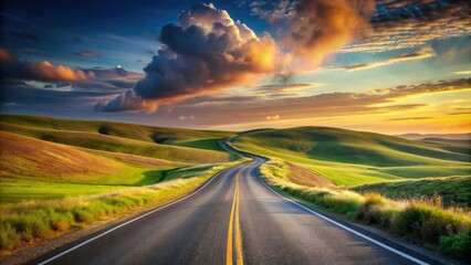 Serene horizon where a solitary winding road stretches across a vast, rolling hills landscape, meeting the sky at a distant vanishing point.