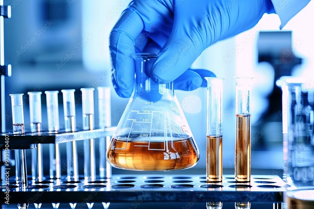 Aufkleber a gloved hand holds a flask with amber liquid above a row of test tubes in a lab.