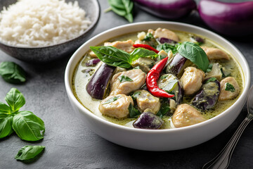The photo of delicious Thai food Green Curry Chicken serve with steam rice decorate with ingredients  