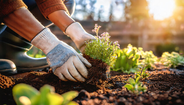 Close-up of hands wearing gardening gloves, carefully dividing perennial plants to prepare the garden for winter.