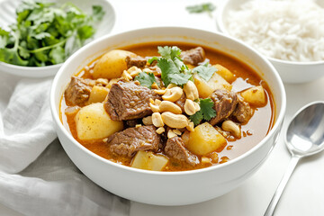 The photo of delicious Thai food Massaman serve with steam rice decorate with ingredient 