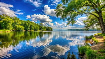 Fototapeta premium Serene Lake Lavon scenery featuring a tranquil lake shoreline with lush green trees, calm waters, and a picturesque sunny sky with soft white clouds.