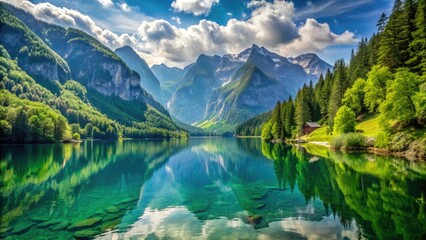 Serene Lake Königssee nestled in the Bavarian Alps, surrounded by lush green forests and majestic mountains, reflecting the beauty of the German countryside.