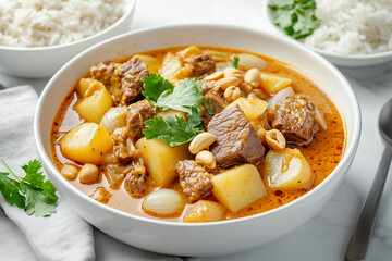 The photo of delicious Thai food Massaman serve with steam rice decorate with ingredient 