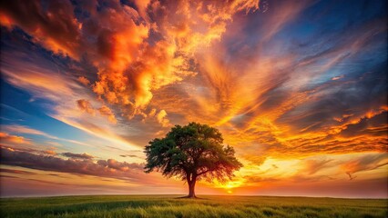 Serene landscape of a lone tree standing tall under a vibrant, orange-hued sunset sky with fluffy clouds, evoking feelings of optimism and new beginnings.