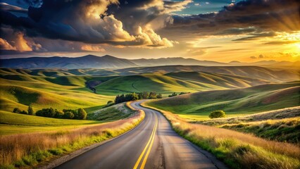 Serene landscape of a winding road disappearing into the horizon, surrounded by rolling hills and vast open spaces, evoking a sense of freedom and adventure.