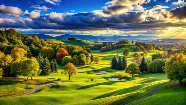 Serene landscape of Arrowhead Golf Course's lush green fairways, rolling hills, and majestic trees, set against a bright blue sky with fluffy white clouds.