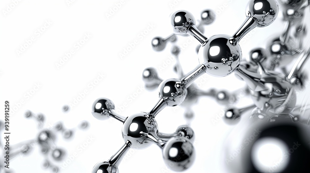 Poster abstract background with a 3d rendering of a shiny chrome molecule structure with shallow depth of f