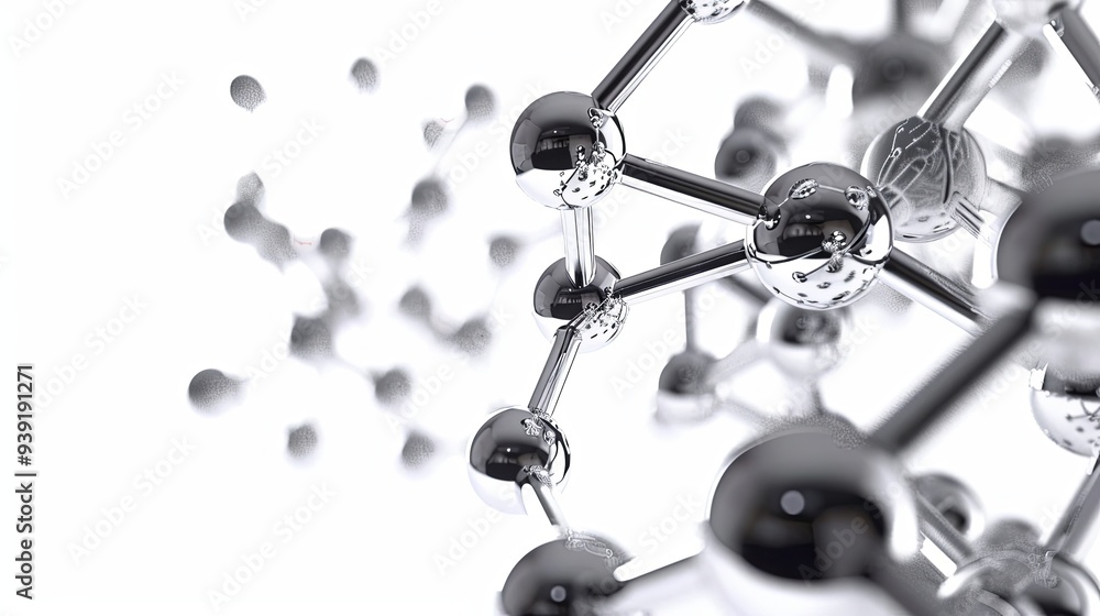 Poster abstract chrome molecule structure with blurred spheres in the background.