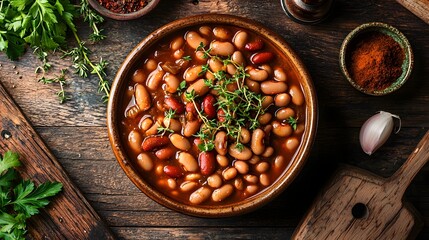 Top-Down View of Freshly Cooked Beans in a Rustic Bowl on a Kitchen Table