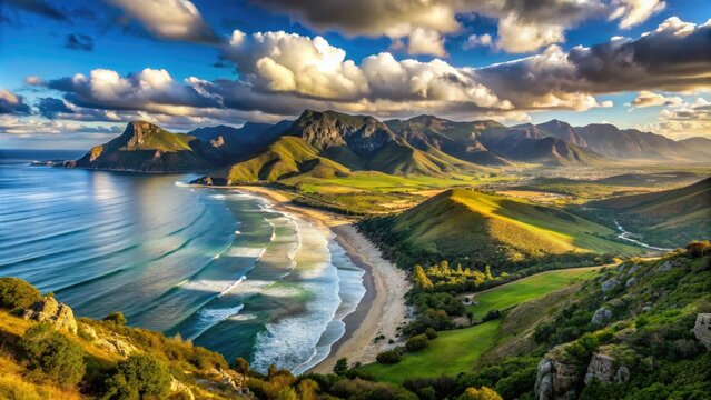 Serene landscape of Western Cape's Garden Route, featuring rolling hills, verdant forests, and tranquil lakes, set against a backdrop of rugged coastal mountains.